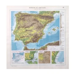 Carte Espagne et Portugal en couleurs vintage 43x43cm de 1950