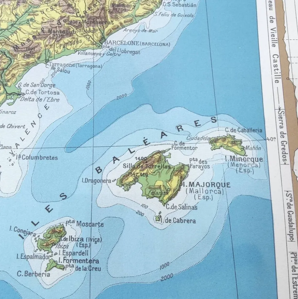 Carte Espagne et Portugal en couleurs vintage 43x43cm de 1950