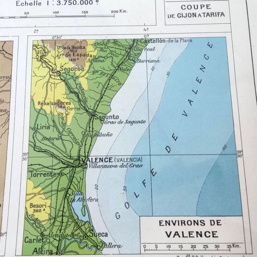 Carte Espagne et Portugal en couleurs vintage 43x43cm de 1950