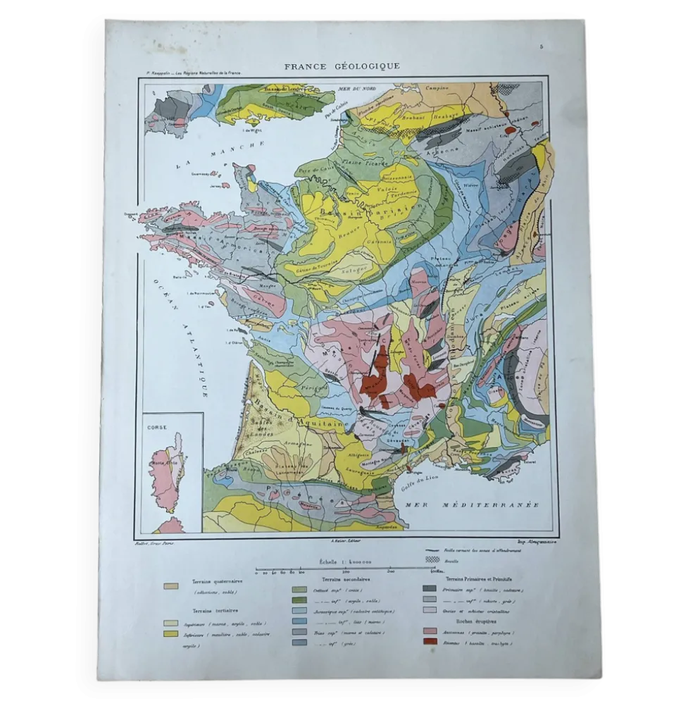 Carte géologique 1908 France en couleurs 27x37cm
