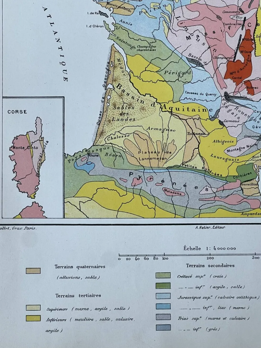 Carte géologique 1908 France en couleurs 27x37cm