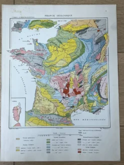 Carte géologique 1908 France en couleurs 27x37cm