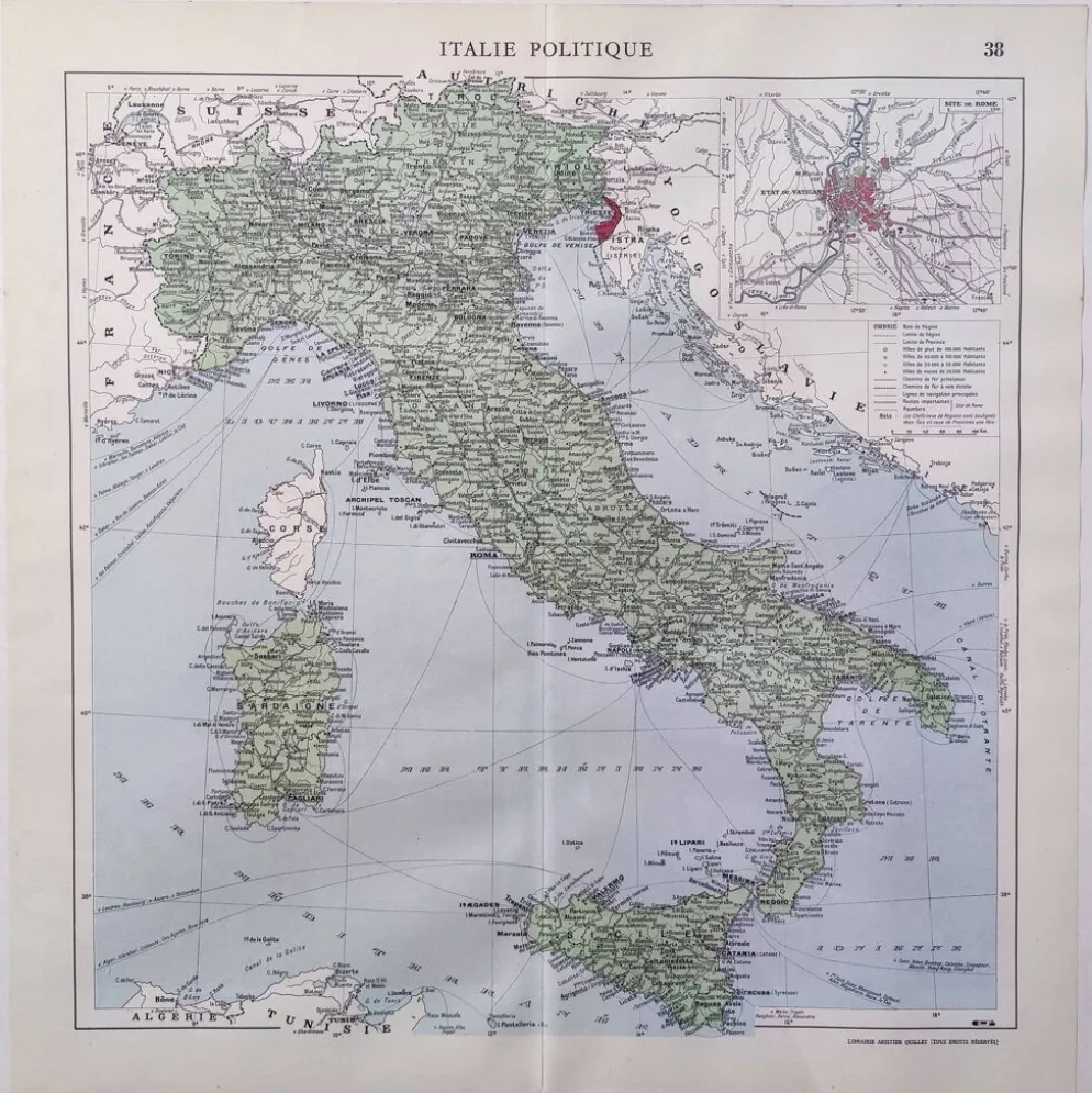 Carte Italie Europe illustrée 43x43cm vintage de 1950