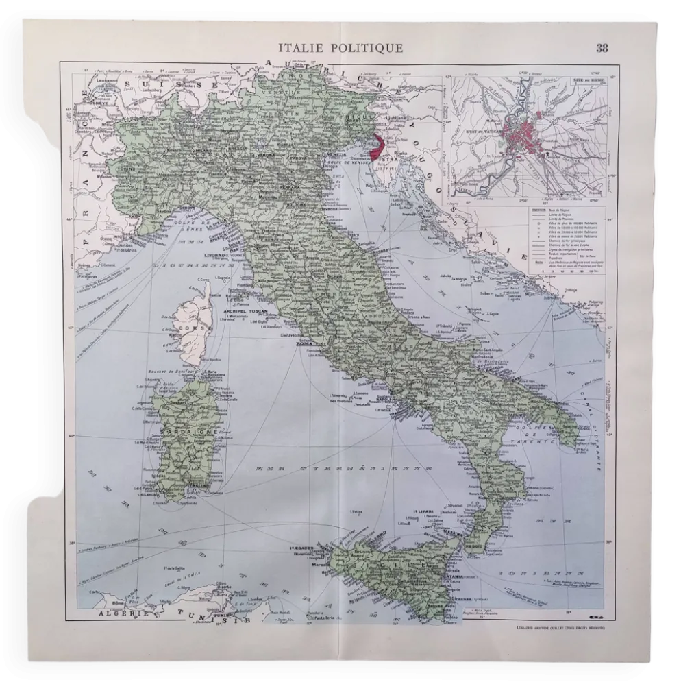 Carte Italie Europe illustrée 43x43cm vintage de 1950