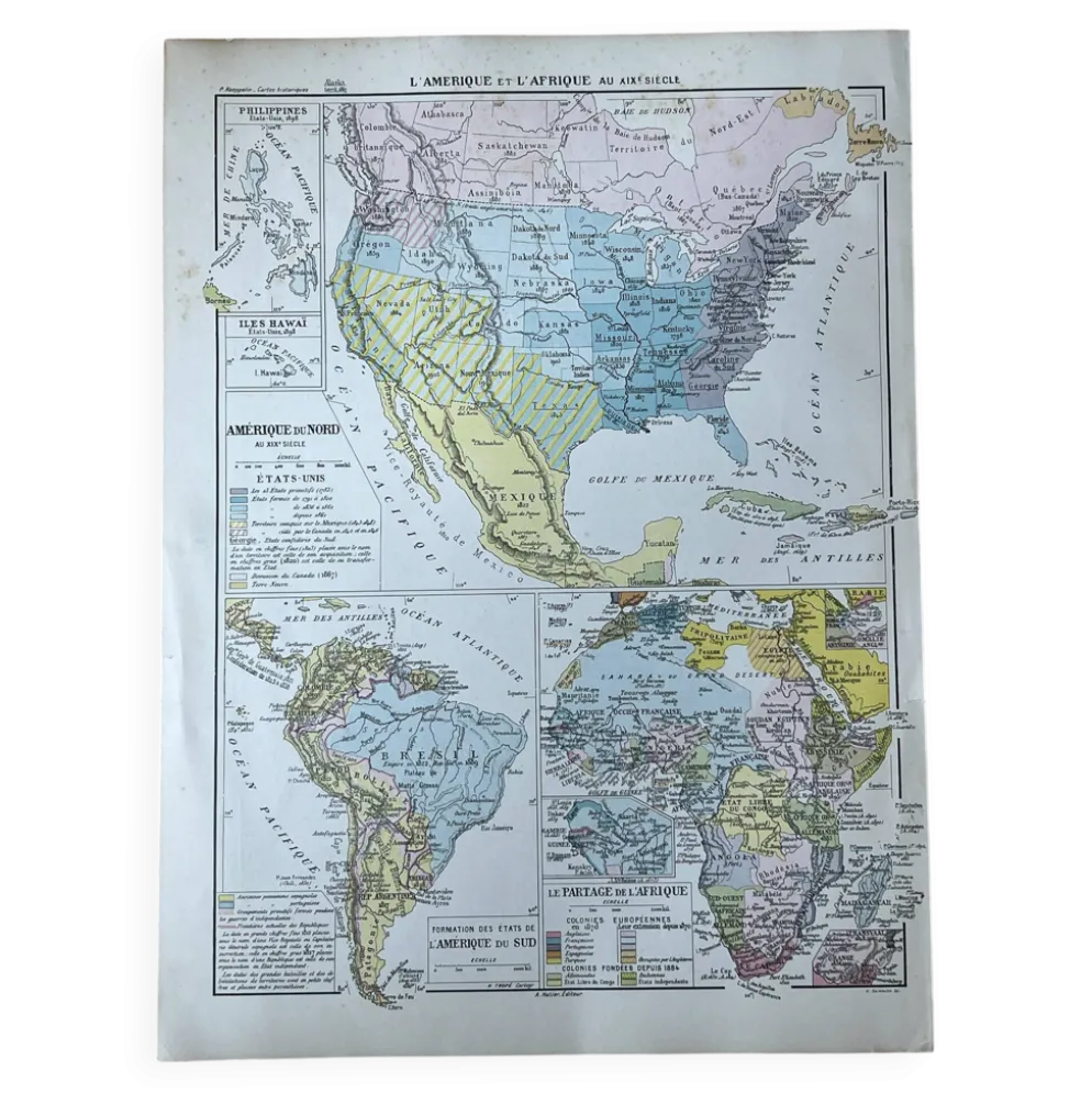 Carte 1908 L’Amérique et l’Afrique 37,5x27,5cm