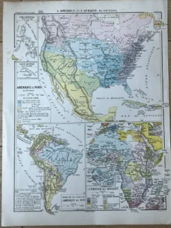 Carte 1908 L’Amérique et l’Afrique 37,5x27,5cm