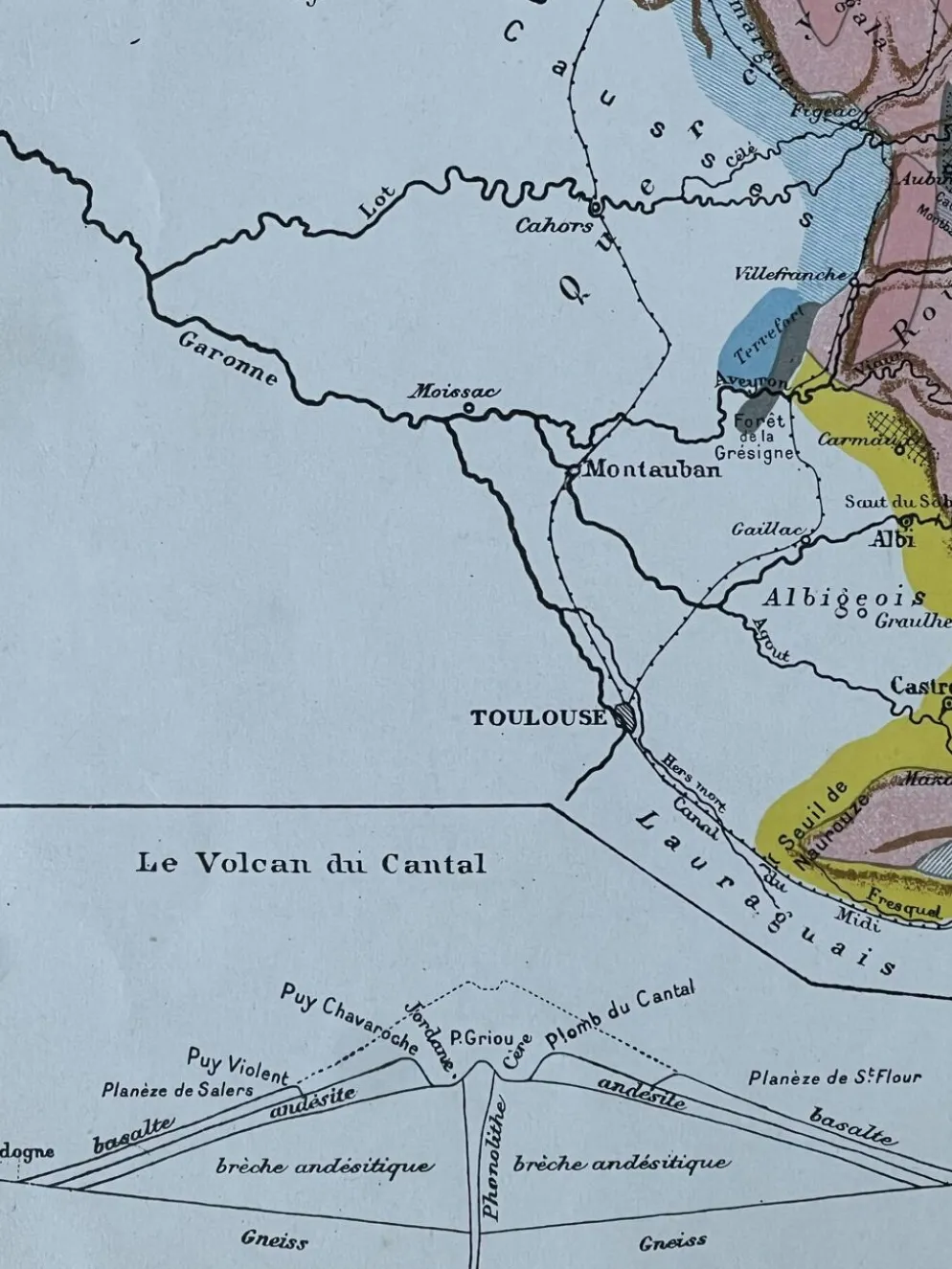 Carte originale Massif Central 37x27cm - 1908
