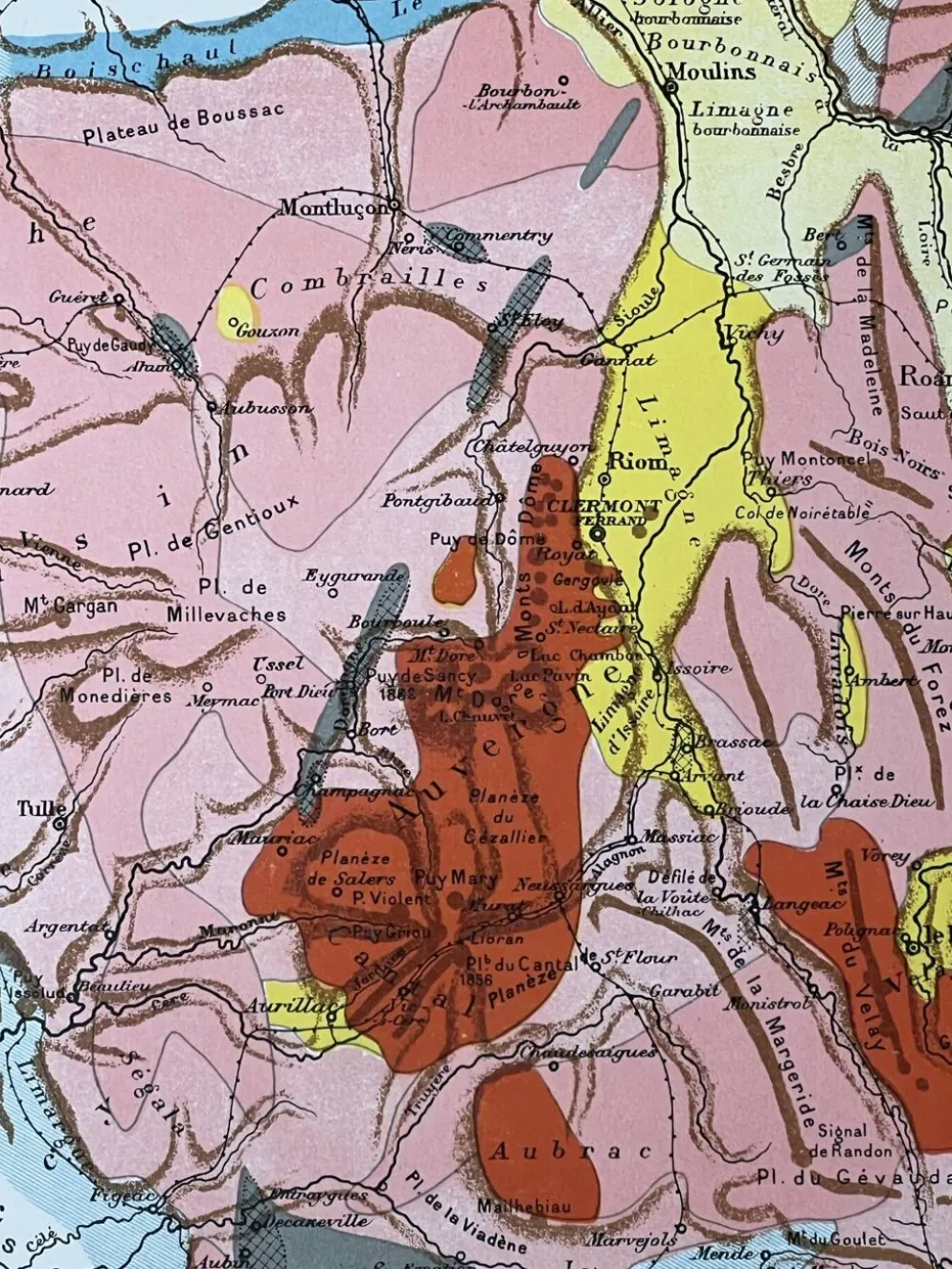 Carte originale Massif Central 37x27cm - 1908