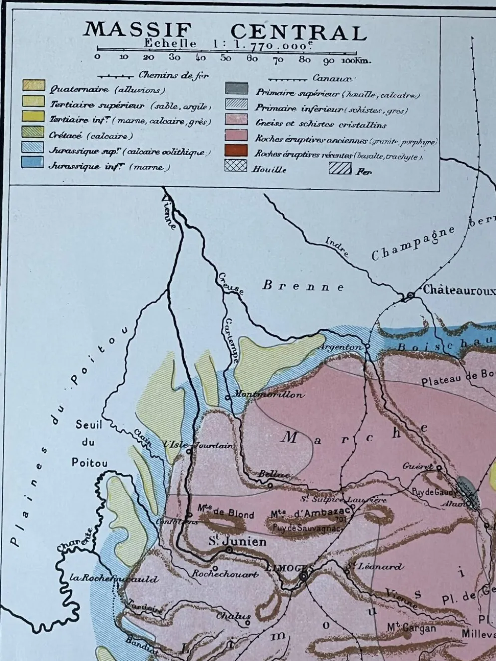Carte originale Massif Central 37x27cm - 1908