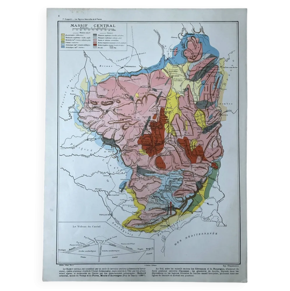 Carte originale Massif Central 37x27cm - 1908