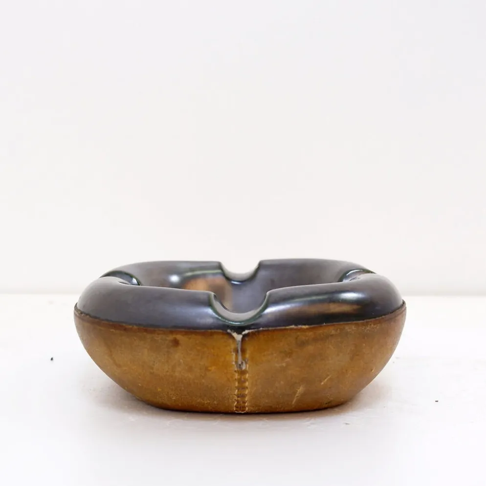 Cendrier Longchamp mid-century en céramique émaillée et cuir - France années 1950