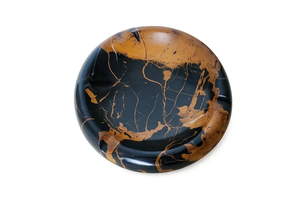 Cendrier rond vintage en marbre italien Portor noir et doré