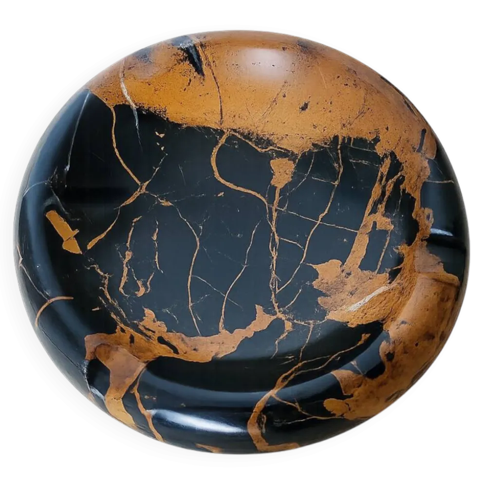Cendrier rond vintage en marbre italien Portor noir et doré