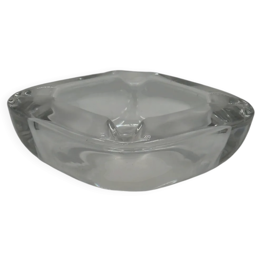 Cendrier vintage en verre épais transparent, forme carrée aux angles arrondis
