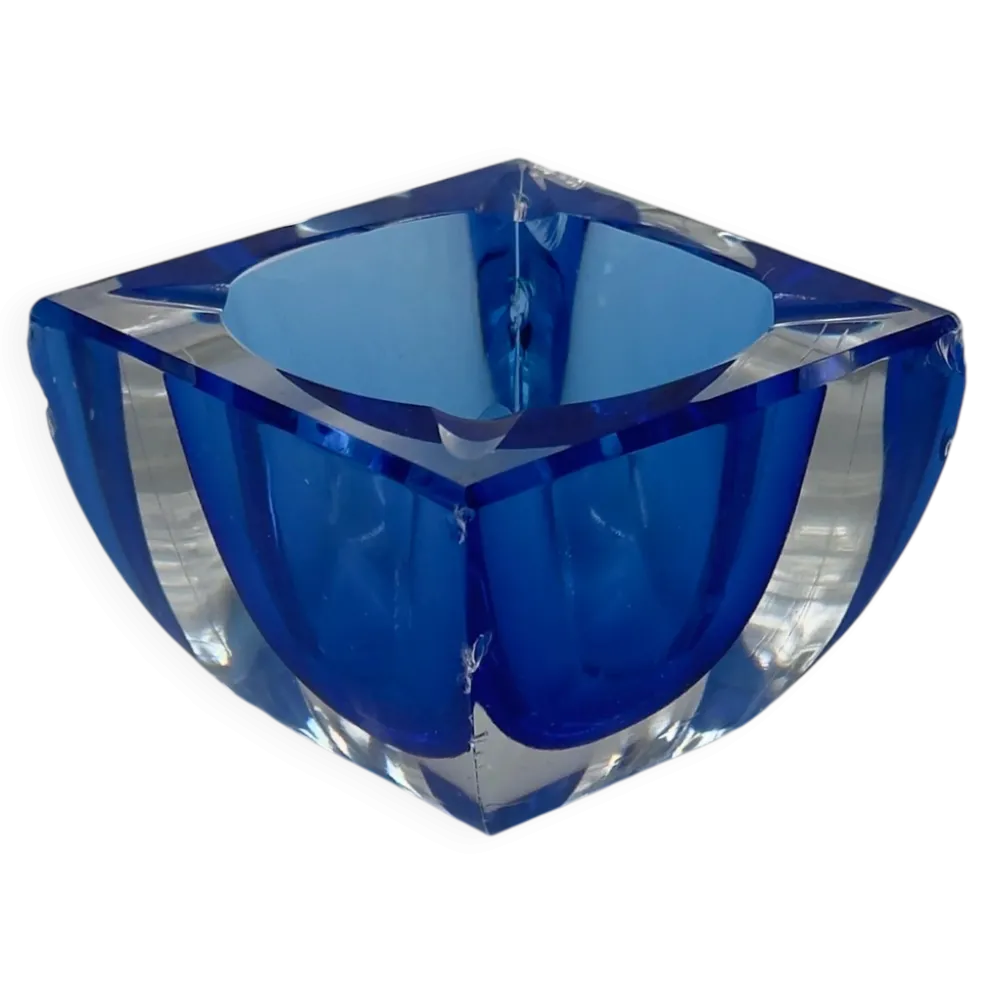 Cendrier vintage en verre sommerso style Murano, bleu cobalt
