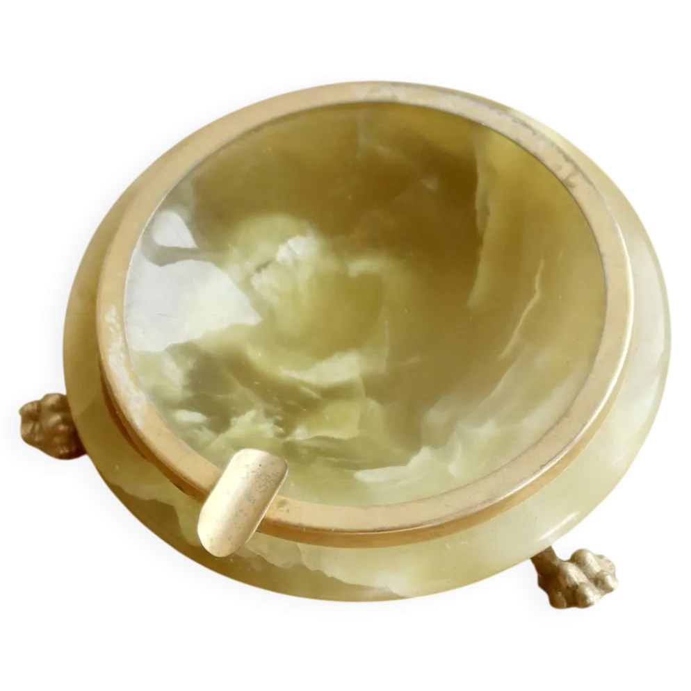 Cendrier vintage pierre verte façon onyx – Monture en métal doré et pieds g