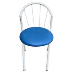 Chaise de jardin bistrot vintage en acier tubulaire blanc et cuir bleu 1980