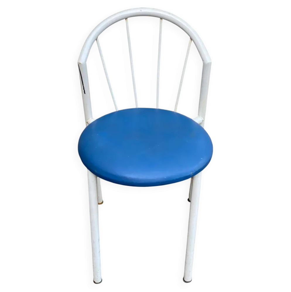 Chaise de jardin bistrot vintage en acier tubulaire blanc et cuir bleu 1980