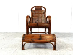 Chaise de jardin, chaise longue en rotin et bambou, années 1950