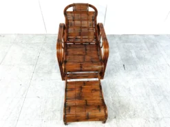 Chaise de jardin, chaise longue en rotin et bambou, années 1950