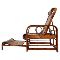 Chaise de jardin, chaise longue en rotin et bambou, années 1950