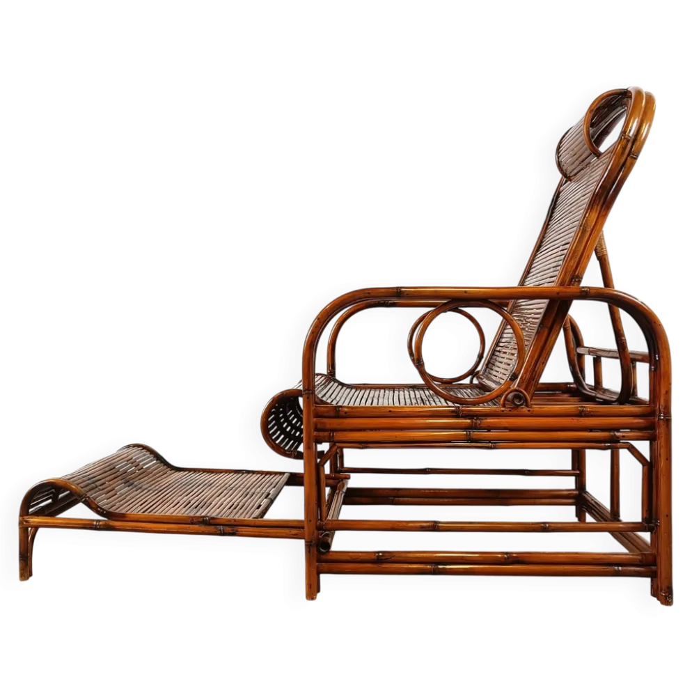 Chaise de jardin, chaise longue en rotin et bambou, années 1950