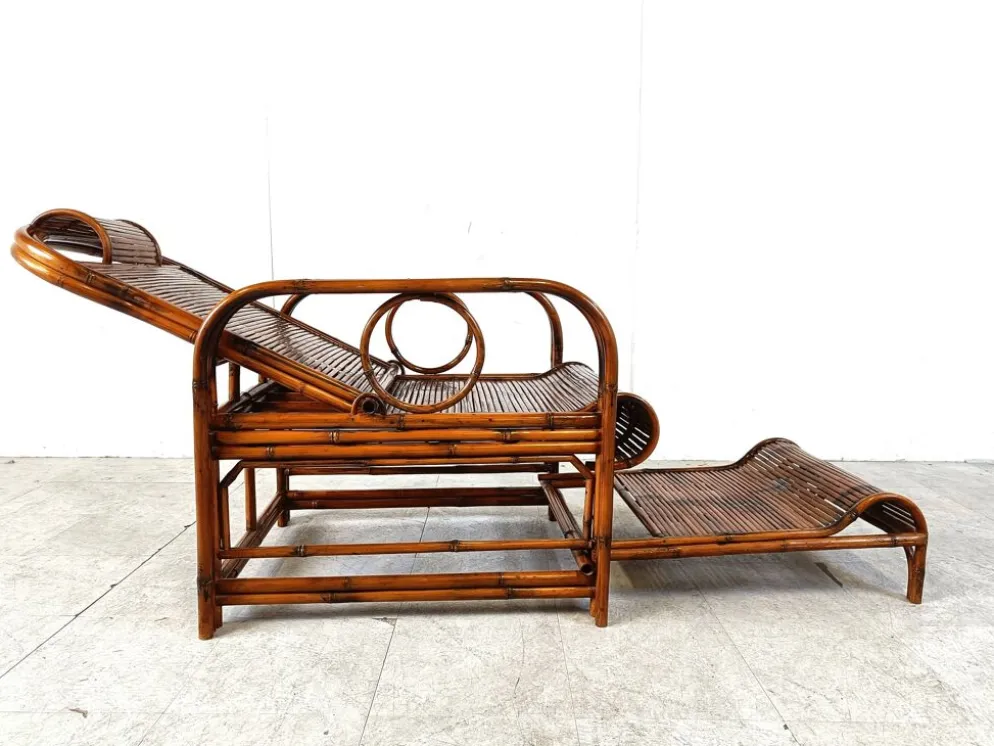 Chaise de jardin, chaise longue en rotin et bambou, années 1950