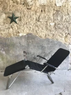 Chaise longue ou transat Condor en cuir noir - made in France - design 1970