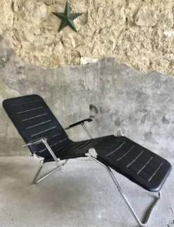 Chaise longue ou transat Condor en cuir noir - made in France - design 1970