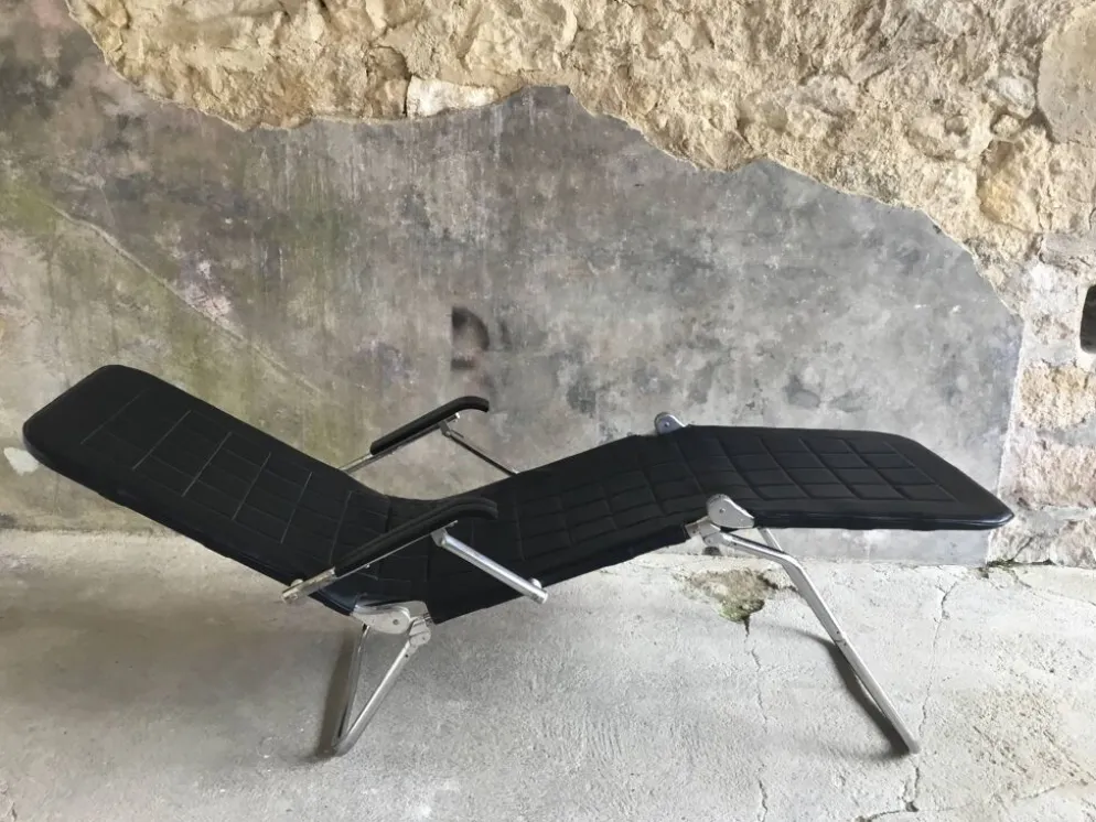 Chaise longue ou transat Condor en cuir noir - made in France - design 1970