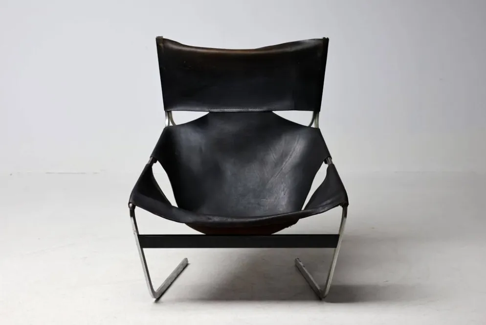 Chaise longue Pierre Paulin F444 en cuir noir - Tout original, Vintage