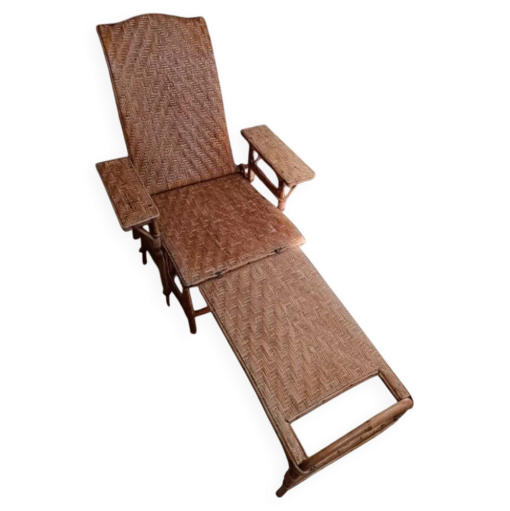 Chaise longue, transat en osier et rotin vintage