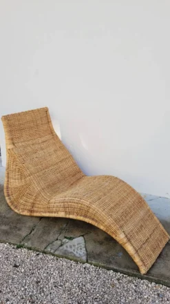 Chaise longue transat lit de repos en rotin vintage -1970s