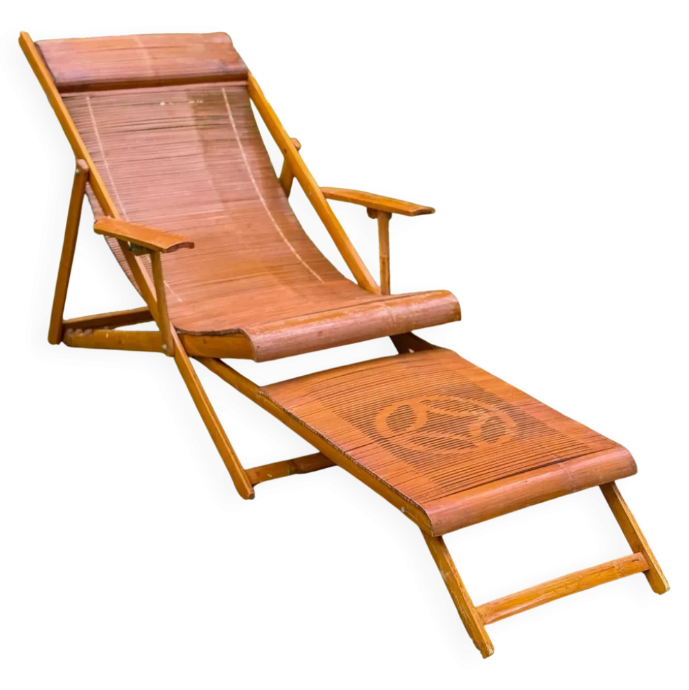 Chaise longue vintage en bambou japonais et repose-pieds