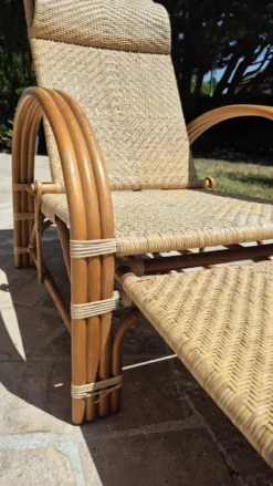 Chaise longue vintage rotin et bambou, circa années 60 Italie