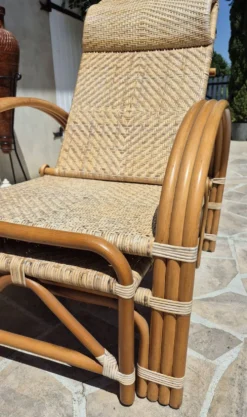 Chaise longue vintage rotin et bambou, circa années 60 Italie