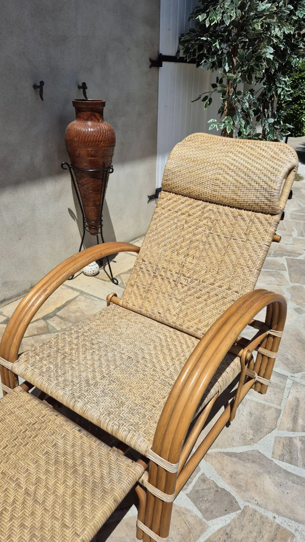 Chaise longue vintage rotin et bambou, circa années 60 Italie