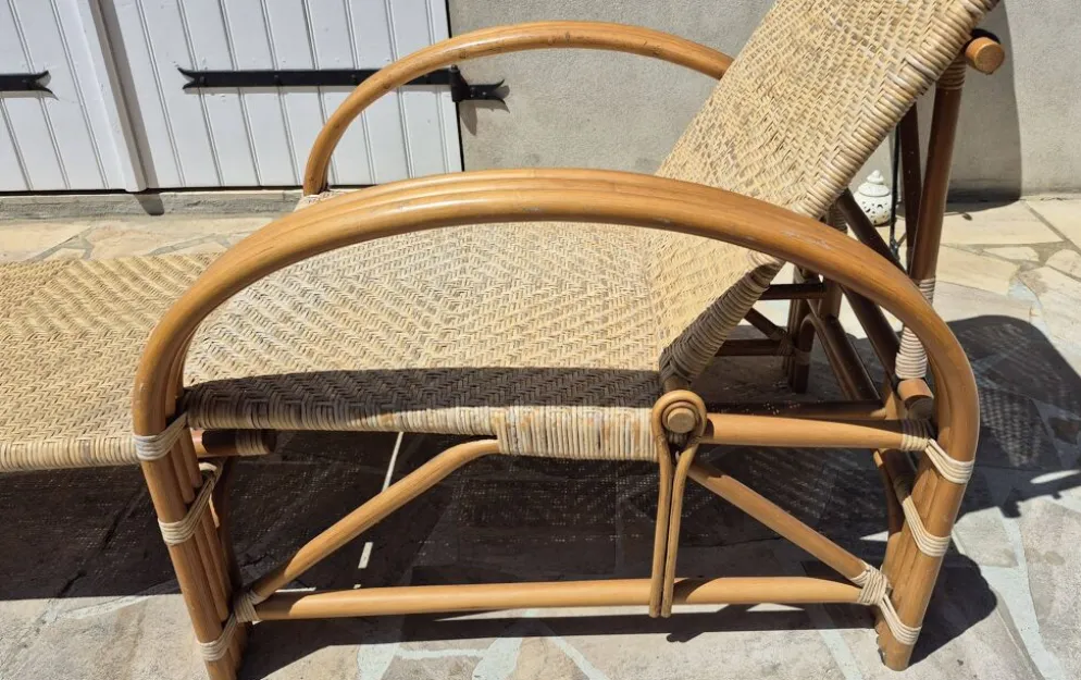 Chaise longue vintage rotin et bambou, circa années 60 Italie