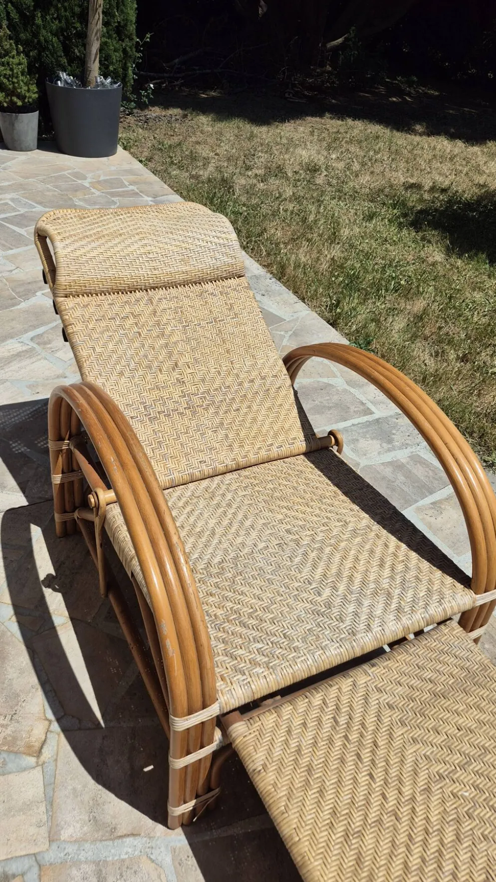 Chaise longue vintage rotin et bambou, circa années 60 Italie