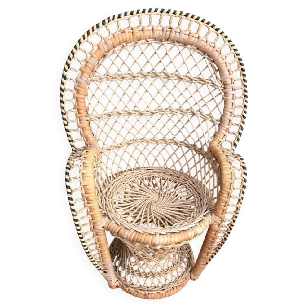 Chaise Paon Miniature Rotin Tressé — Porte-Plante Bohème Vintage — Année 70