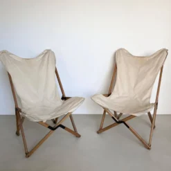 Chaises de jardin vintage en bois et toile blanche