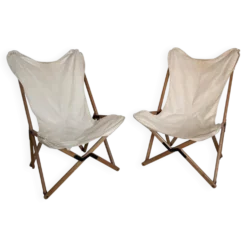 Chaises de jardin vintage en bois et toile blanche