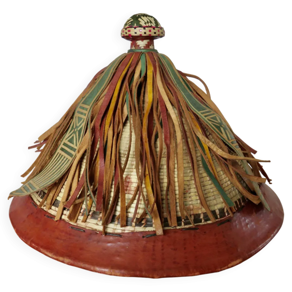 Chapeau conique africain, Fulani, en cuir et corde tressée, année 1900