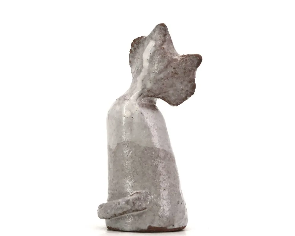 Chat gris blanc en céramique, pièce unique de céramiste, années 70