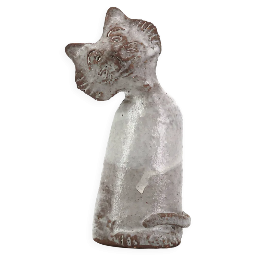 Chat gris blanc en céramique, pièce unique de céramiste, années 70