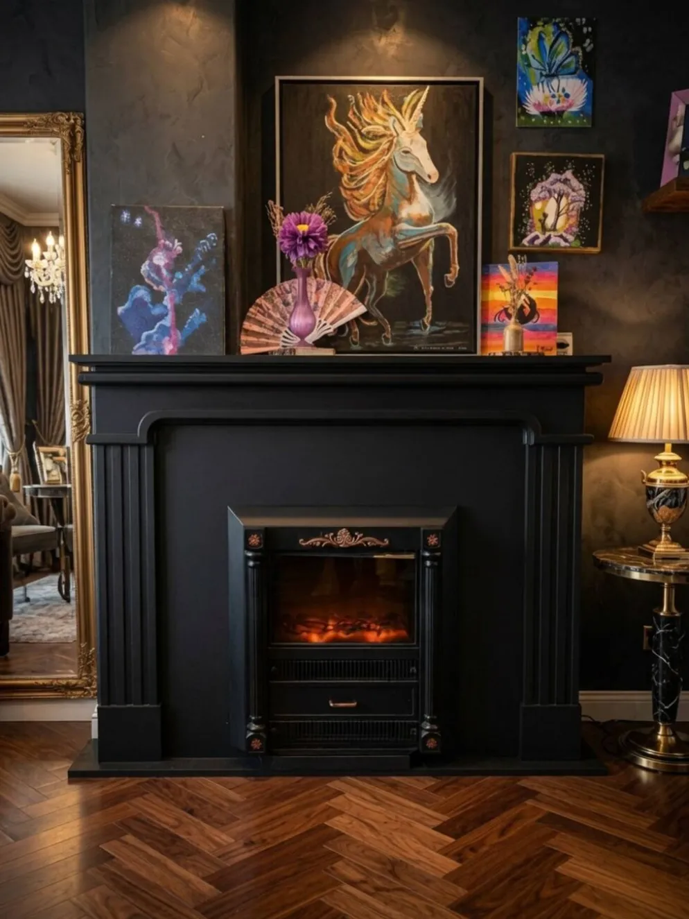 Cheminée électrique de luxe et suite de manteau noir classique