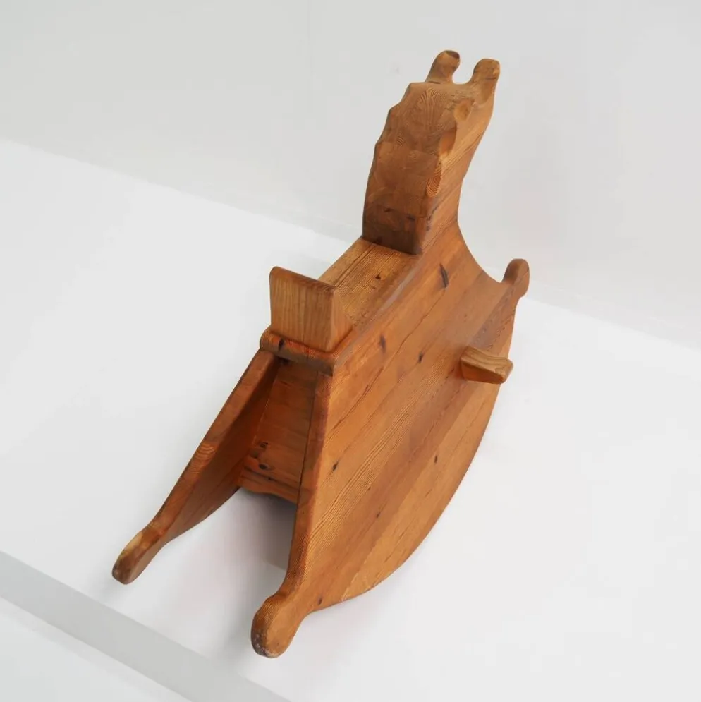 Cheval à bascule en pin massif des années 1970, jouet pour enfant