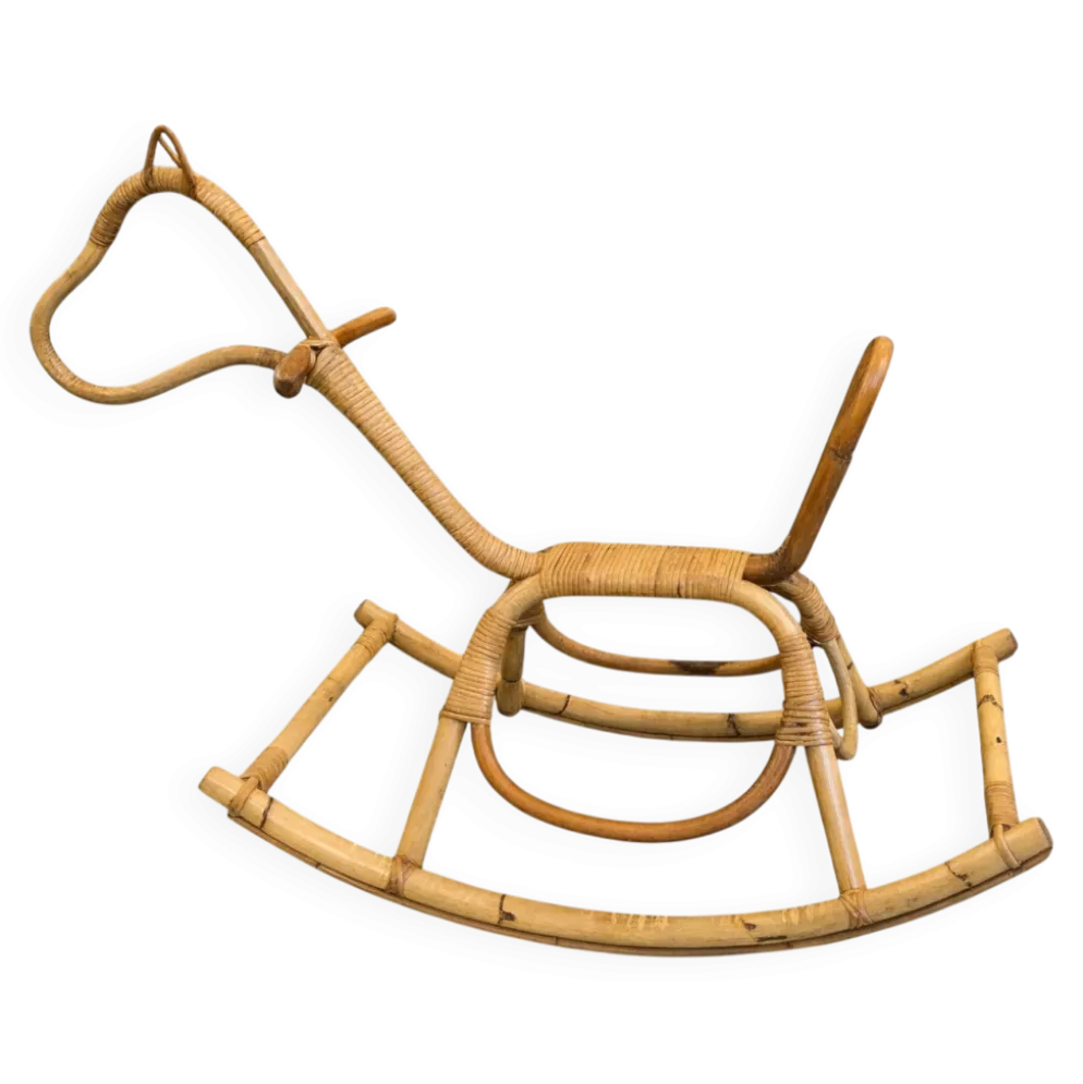 Cheval à bascule en rotin et bambou vintage 1960/70