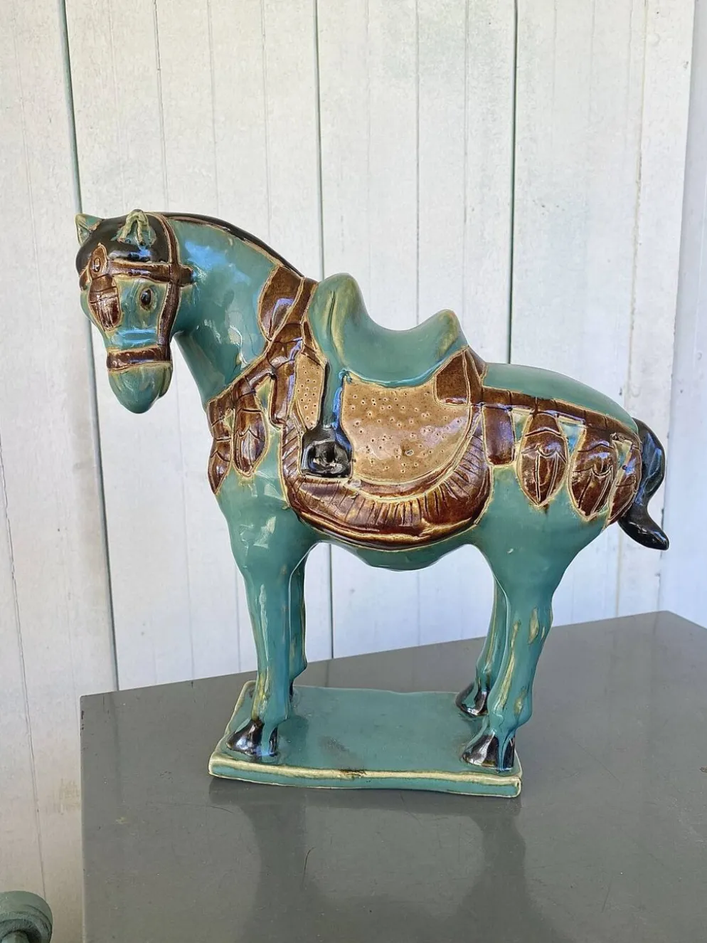 Cheval vintage en Ceramique émaillée turquoise