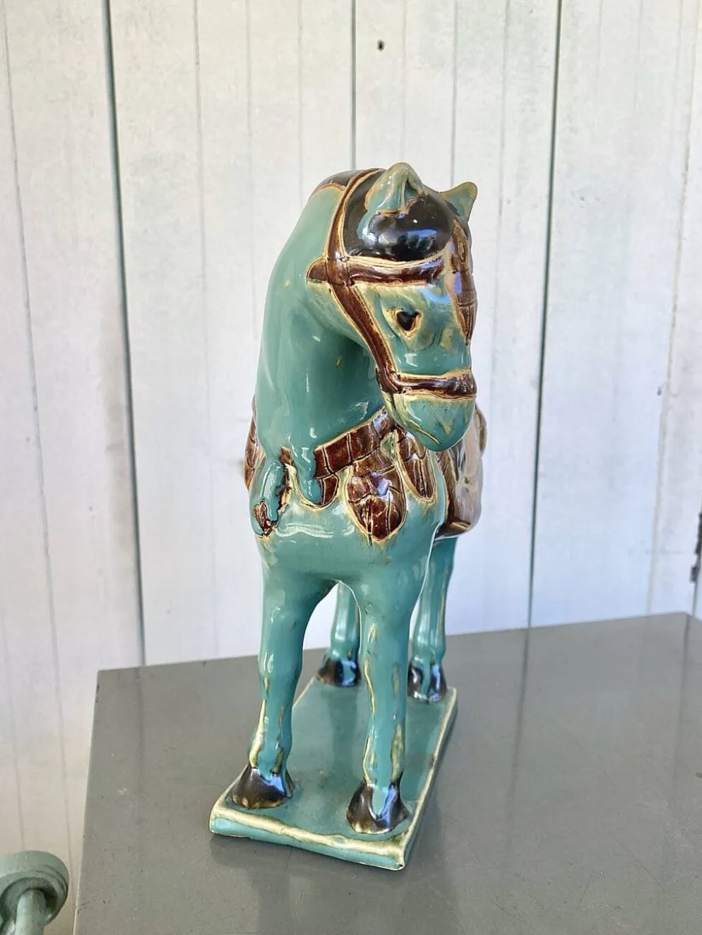 Cheval vintage en Ceramique émaillée turquoise
